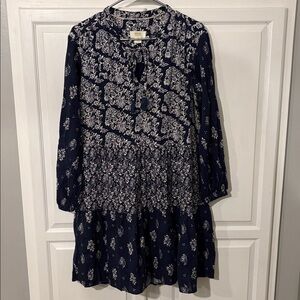 Anthropologie Maeve Carlita Blue/White Cotton Long Sleeve Tier Tunic Dress sz XS
